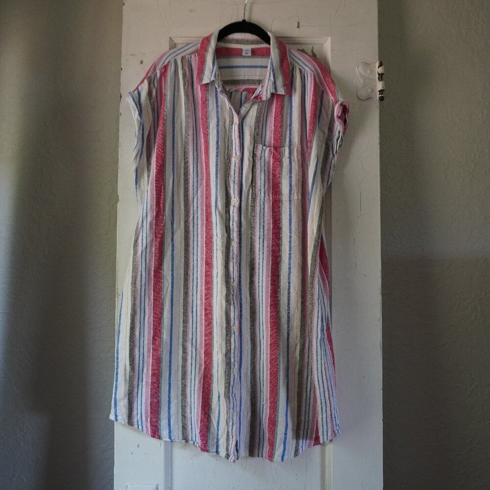 Old Navy Striped Linen Blend Button Front Shirt Dress XL Short Sleeve - Picture 2 of 8
